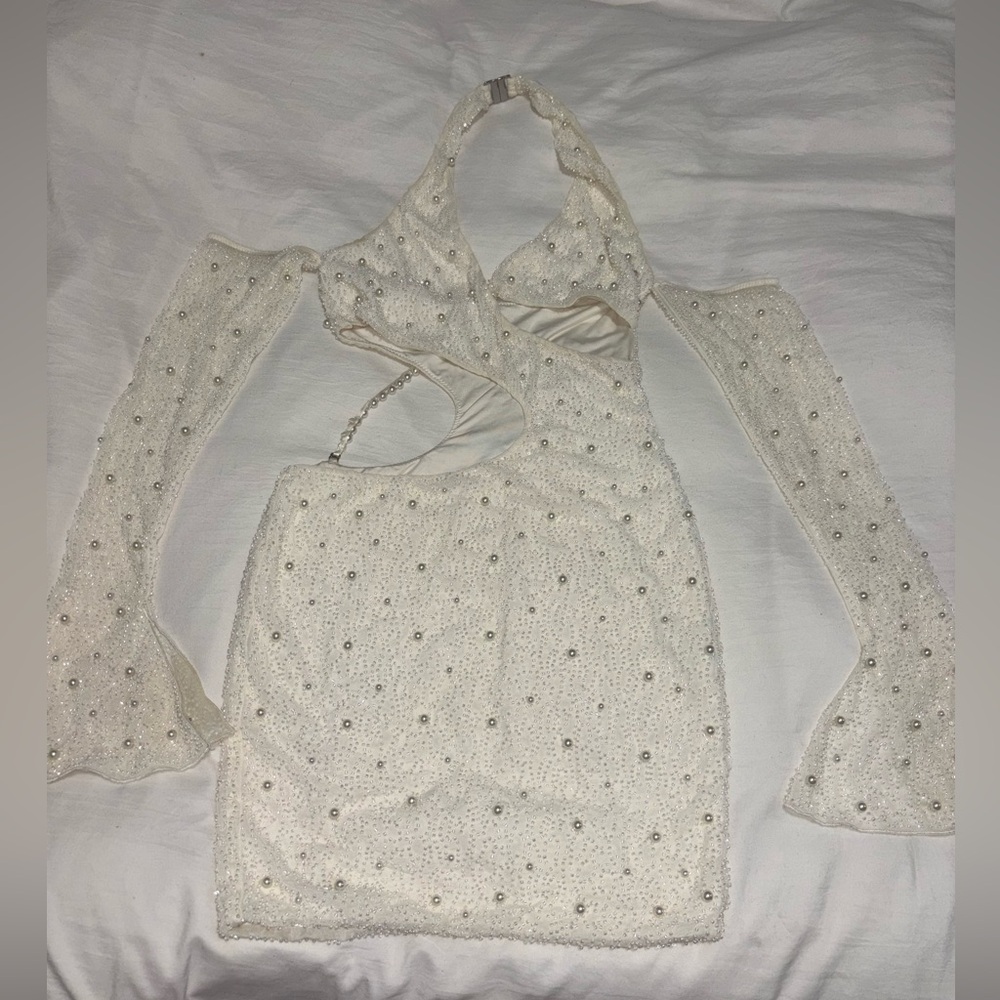 Oh Polly White Beaded Backless Cutout Halter Mini Dress - Picture 2 of 7